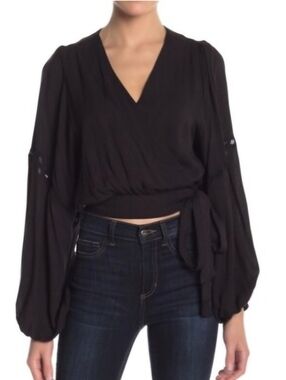 Free People Women's Size Small Soft Surroundings Black Wrap Tie Blouse